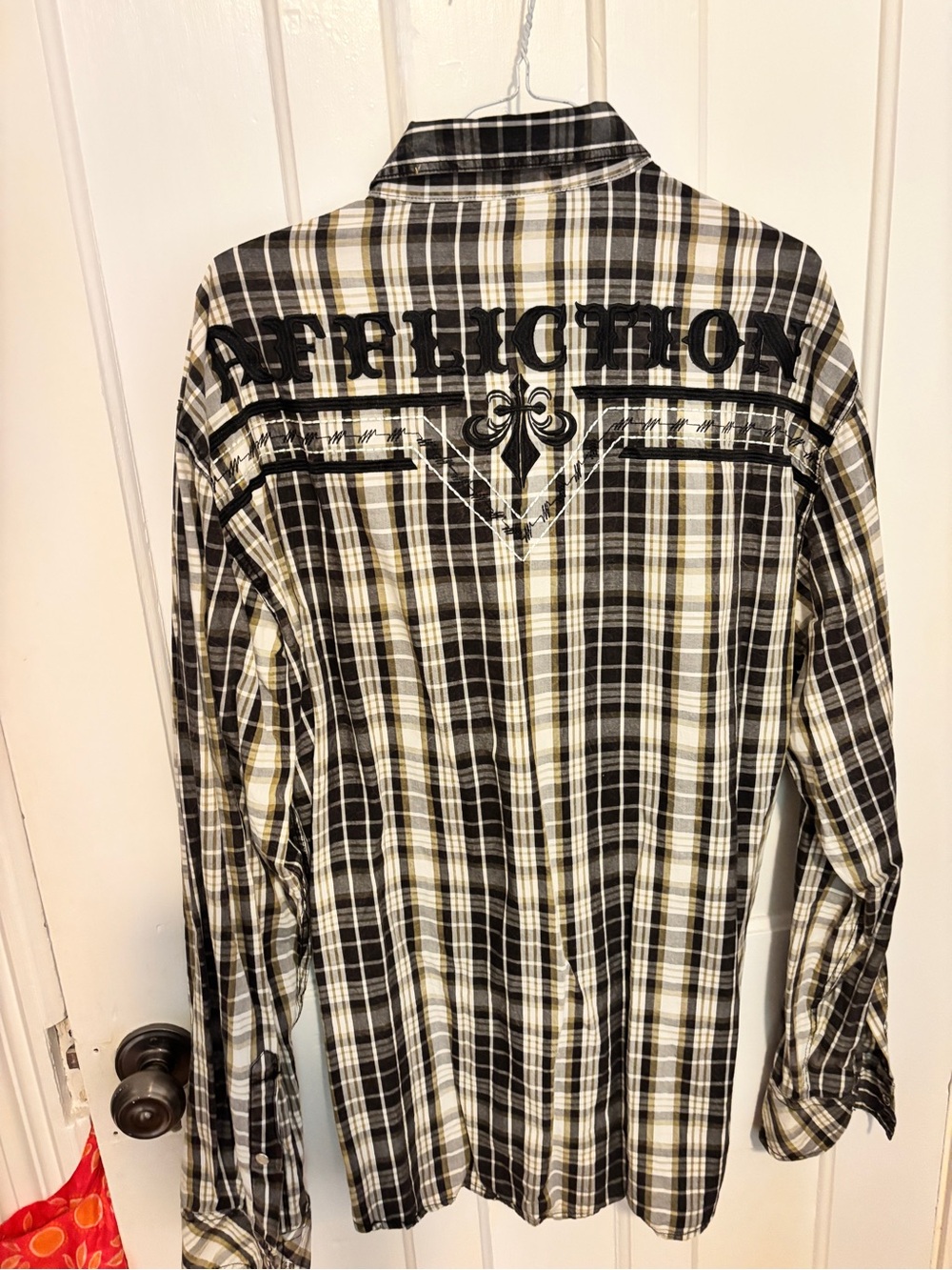 Affliction Black, White & Cream Plaid Button-Down Shirt with Back Graphic